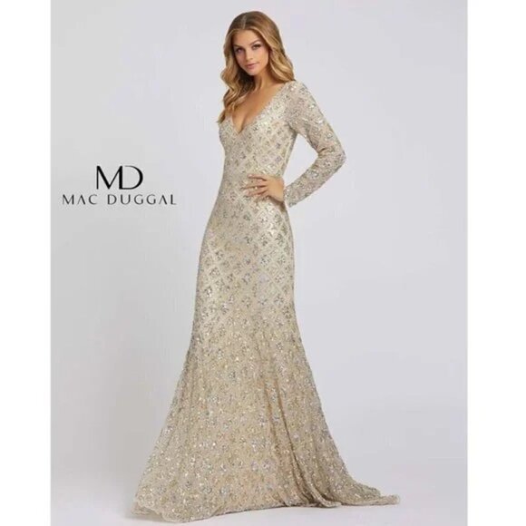 MAC DUGGAL Beaded A-Line Gown in Nude Size US 12 - Picture 2 of 15